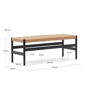 Zaide bench made of solid oak wood in a black finish and rope cord seat, 120 cm, FSC 100% - sizes