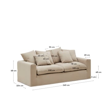 3θέσιος καναπές Nora με αφαιρούμενο κάλυμμα και μαξιλάρια από βαμβάκι και λινό καφέ χρώμα - μεγέθη