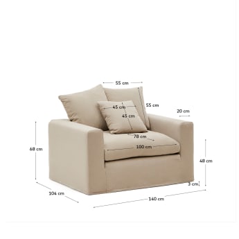 Fauteuil déhoussable Nora avec coussin en lin et coton couleur taupe 140 cm - dimensions