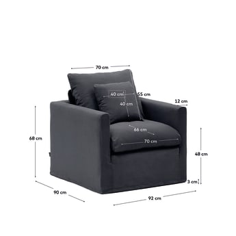 Fauteuil déhoussable Nora avec coussins en lin et coton gris anthracite 92 cm - dimensions