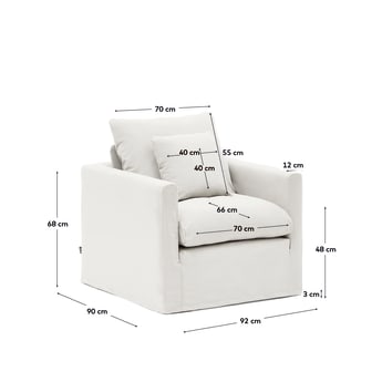 Fauteuil déhoussable Nora avec coussins en lin et coton couleur écrue 92 cm - dimensions