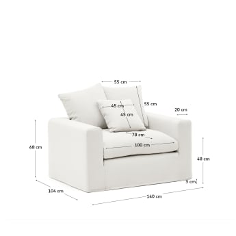 Fotel Nora ze zdejmowanym pokrowcem i poduszką z lnu i bawełny w kolorze ecru 140 cm - rozmiary