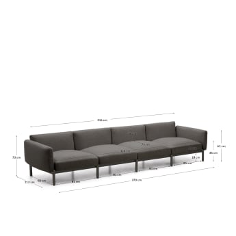 Sofá modular 4 plazas de exterior Sorells con tapizado gris y aluminio gris 370 cm - tamaños