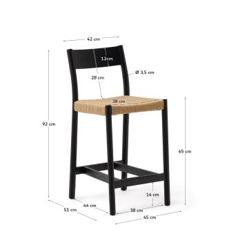 Yalia stool with a backrest in solid oak wood in a black finish, and rope cord seat, 65 cm FSC 100% - sizes