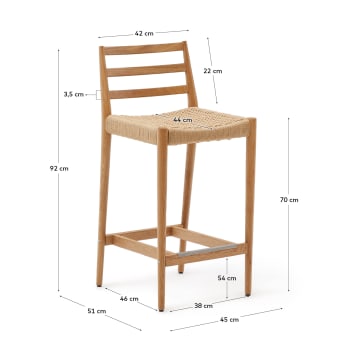 Wysokie krzesło Analy z oparciem z litego drewna dębowego z naturalnym wykończeniem i siedziskiem z liny 70 cm FSC 100% - rozmiary