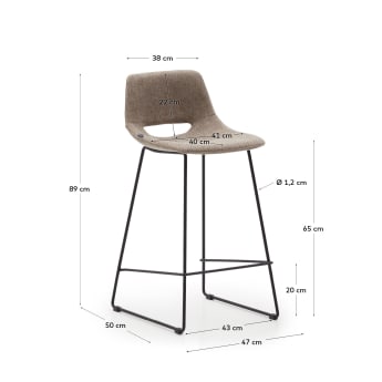 Zahara bar stool in brown with steel legs in black finish, height 65 cm - sizes