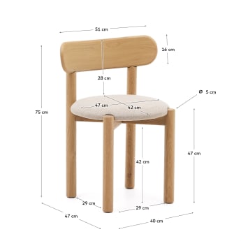 Chaise Nebai en tissu chenille beige et structure en bois de chêne finition naturelle FSC MIX Credit - dimensions