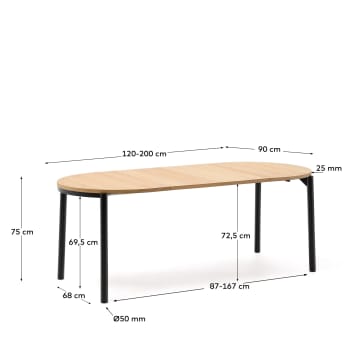 Εκτεινόμενο στρογγυλό τραπέζι Montuiri σε καπλαμά δρυός και ατσάλινα πόδια μαύρο φινίρισμα - μεγέθη
