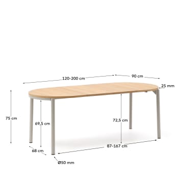 Montuiri round extendable table in oak veneer and with steel legs in a grey finish, 120(20 - sizes
