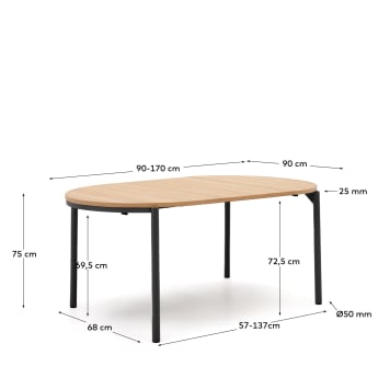 Montuiri round extendable table in oak veneer and with steel legs in a black finish, Ø90(1 - sizes