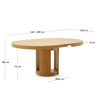 Artis extendable round table in solid oak wood and veneer, 150 (200) cm x 80 cm FSC 100% - sizes