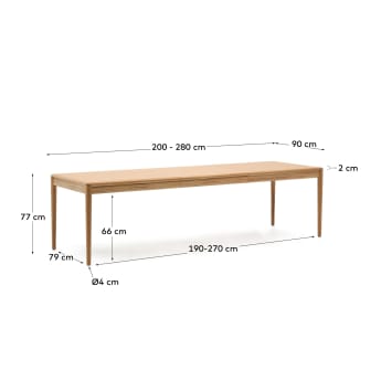 Tavolo allungabile Lenon con impiallacciatura e legno massiccio di rovere FSC MIX Credit naturale 200 (280) x 90 cm - dimensioni