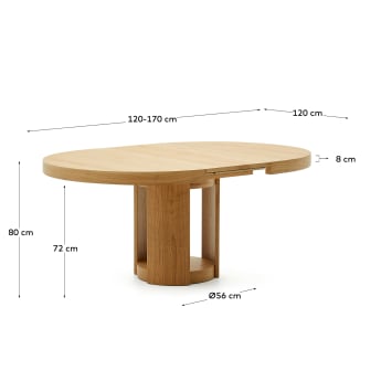 Artis extendable round table in solid wood and oak veneer, 120 (170) cm x 80 cm FSC 100% - sizes