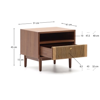 Elan bedside table in veneer and solid walnut with cord 51x45cm FSC Mix Credit - sizes