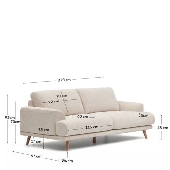 Karin 3 seater sofa in beige with solid beech wood legs, 231 cm - sizes