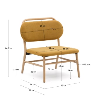 Fauteuil Helda en tissu chenille moutarde et bois de chêne FSC Mix Credit - dimensions