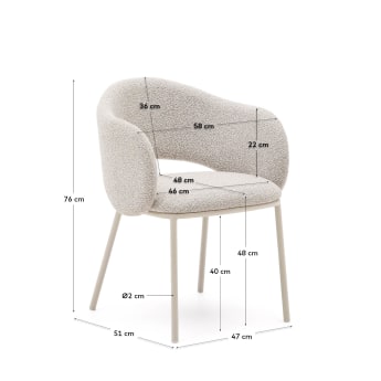 Maina chair in thick beige chenille and steel legs in a beige finish, FSC Mix Credit - sizes