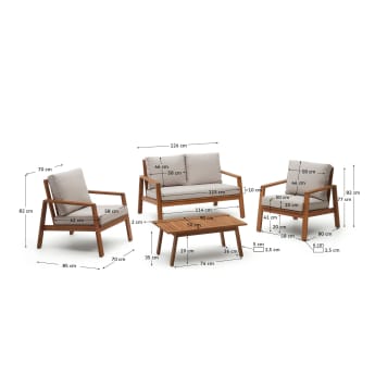 Ensemble Frares de canapé 2 places, 2 fauteuils et table basse en bois d'acacia - dimensions