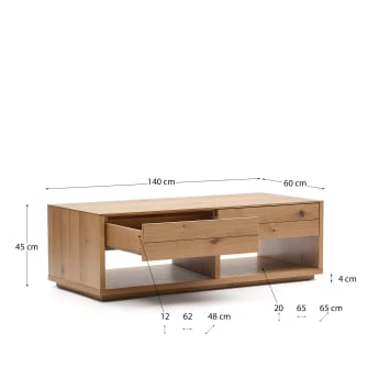 Alguema coffee table 2 drawers in oak veneer with natural finish 140 x 60 cm - sizes