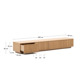 Helvine TV stand with 4 drawers in oak veneer, 200 x 30 cm FSC 100% - sizes