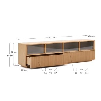 Helvine sideboard 4 doors and 2 drawers oak veneer and tempered glass, 200 x 54 cm FSC 100% - sizes