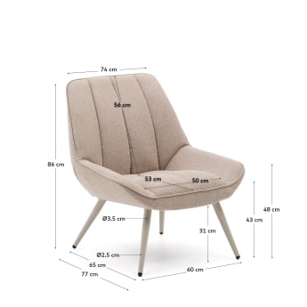 Fauteuil Marlina in beige chenille en stalen poten met een mat grijze afwerking - maten