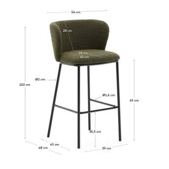 Tabouret Ciselia en tissu effet bouclette vert et acier noir hauteur 75 cm FSC Mix Credit - dimensions