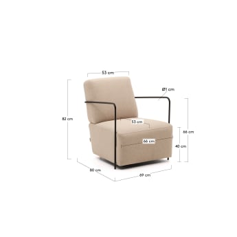 Gamer beige armchair with metal in a matte black painted finish - sizes