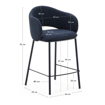 Tabouret Maina en chenille bleue et pieds en acier finition bleue FSC Mix Credit 65 cm - dimensions