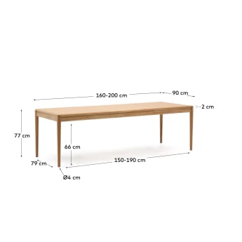 Uitschuifbare tafel Lenon van eikenfineer en massief eikenhout FSC Mix credit naturel 160(200)x90 cm - maten