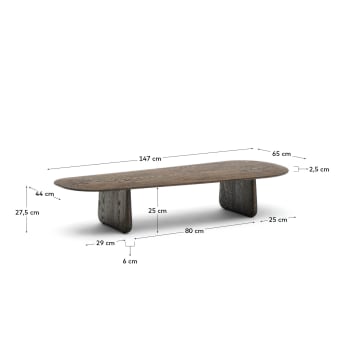 Mesa de centro Pirita de madera maciza de roble con acabado oscuro 146 x 56,5 cm FSC 100% - tamaños