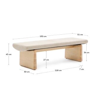 Banc Topaz tissu chenille beige et bois de frêne finition naturelle 150 cm FSC 100 % - dimensions