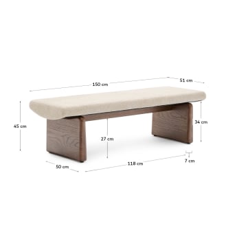 Banc Topaz tissu chenille beige et bois de frêne finition noyer 150 cm FSC 100 % - dimensions