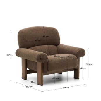 Fauteuil Cabana en tissu bouclette taupe et pieds en bois de frêne finition noyer FSC 100% - dimensions