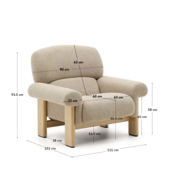 Fauteuil Cabana en tissu chenille beige et pieds en bois de frêne finition naturelle FSC 100% - dimensions