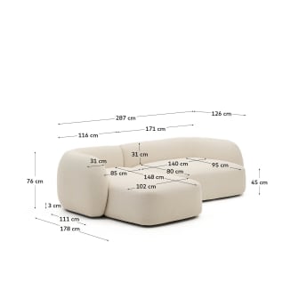 Martina modulares Sofa 3-Sitzer mit Chaiselongue links Écru 287 cm - Größen