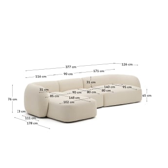 Divano modulare Martina 4 posti con chaise longue a sinistra écru 377 cm - dimensioni