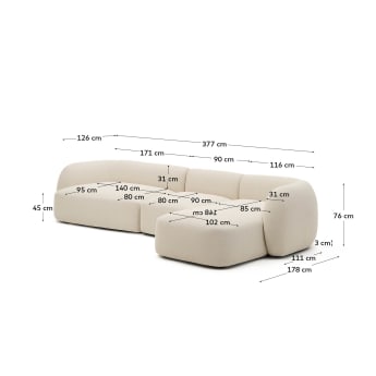 Modulaire 4-zitsbank Martina met chaise longue rechts in ecru chenille 377 cm - maten