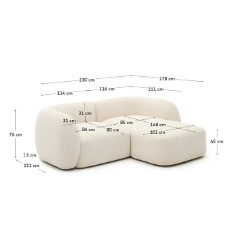 Divano modulare Martina 2 posti con chaise longue a destra ciniglia écru 230 cm - dimensioni