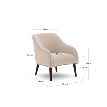 Fauteuil Bobly beige, van massief essenhout met wengé afwerking - maten