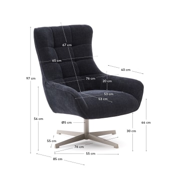 Teryl fauteuil van blauwe chenille en metaal met grijze afwerking, FSC 100% - maten