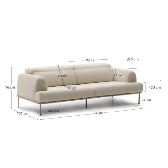 Aurum 3-seater ecru sofa with reclining headrest and a matt grey metal base, 234 cm - sizes