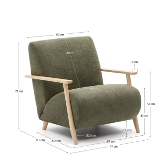 Meghan armchair in green chenille and with solid beech wood in a natural finish - sizes