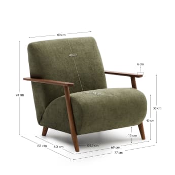 Meghan armchair in green chenille and solid ash wood with walnut finish - sizes