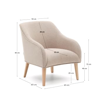 Bobly armchair in beige and with solid beech wood in a natural finish - sizes