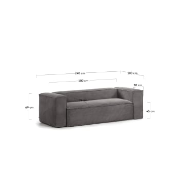 Sofà Blok 3 places pana gruixuda gris 240 cm - mides