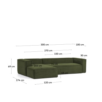 Divano Blok 3 posti chaise longue sinistra in velluto a coste spesse verde 300 cm - dimensioni