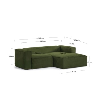 Blok 2 seater sofa with right side chaise longue in green wide seam corduroy, 240 cm - sizes