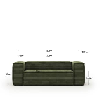 Canapé Blok 2 places velours à grosses côtes vert 210 cm - dimensions