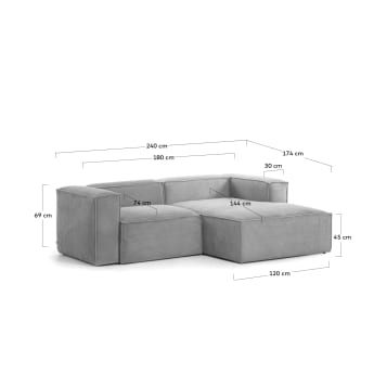 Blok 2 seater sofa with right side chaise longue in grey wide seam corduroy, 240 cm - sizes